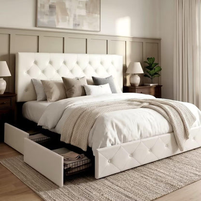 Allewie Upholstered Queen Size Platform Bed Frame with 4 Storage Drawers and Headboard, Square Stitched Button Tufted, Mattress Foundation with Wooden Slats Support, No Box Spring Needed, Light Grey