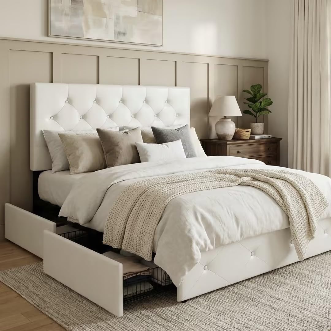 Allewie Upholstered Queen Size Platform Bed Frame with 4 Storage Drawers and Headboard, Square Stitched Button Tufted, Mattress Foundation with Wooden Slats Support, No Box Spring Needed, Light Grey