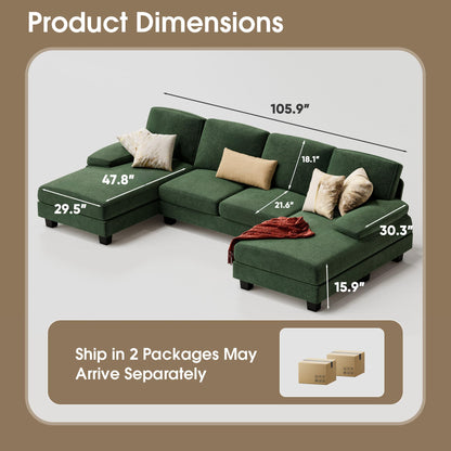 Furmax Sectional Couches for Living Room, U-Shaped Sofa Couch with Linen Fabric, 4 Seat Sofa Set with Double Chaise for Apartment (Fabric, Grey)