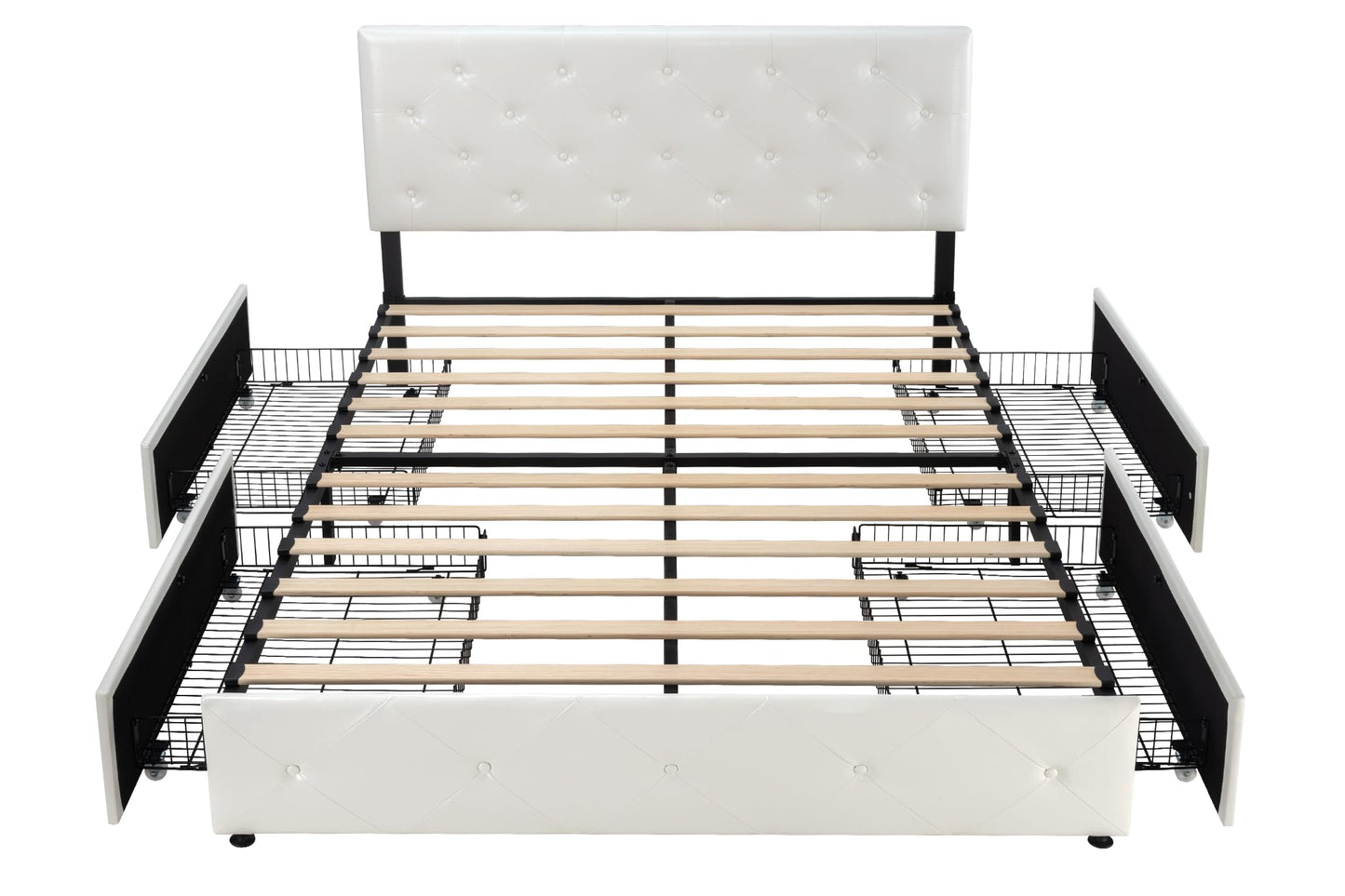 Allewie Upholstered Queen Size Platform Bed Frame with 4 Storage Drawers and Headboard, Square Stitched Button Tufted, Mattress Foundation with Wooden Slats Support, No Box Spring Needed, Light Grey