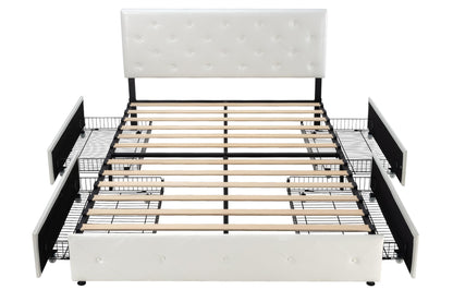 Allewie Upholstered Queen Size Platform Bed Frame with 4 Storage Drawers and Headboard, Square Stitched Button Tufted, Mattress Foundation with Wooden Slats Support, No Box Spring Needed, Light Grey