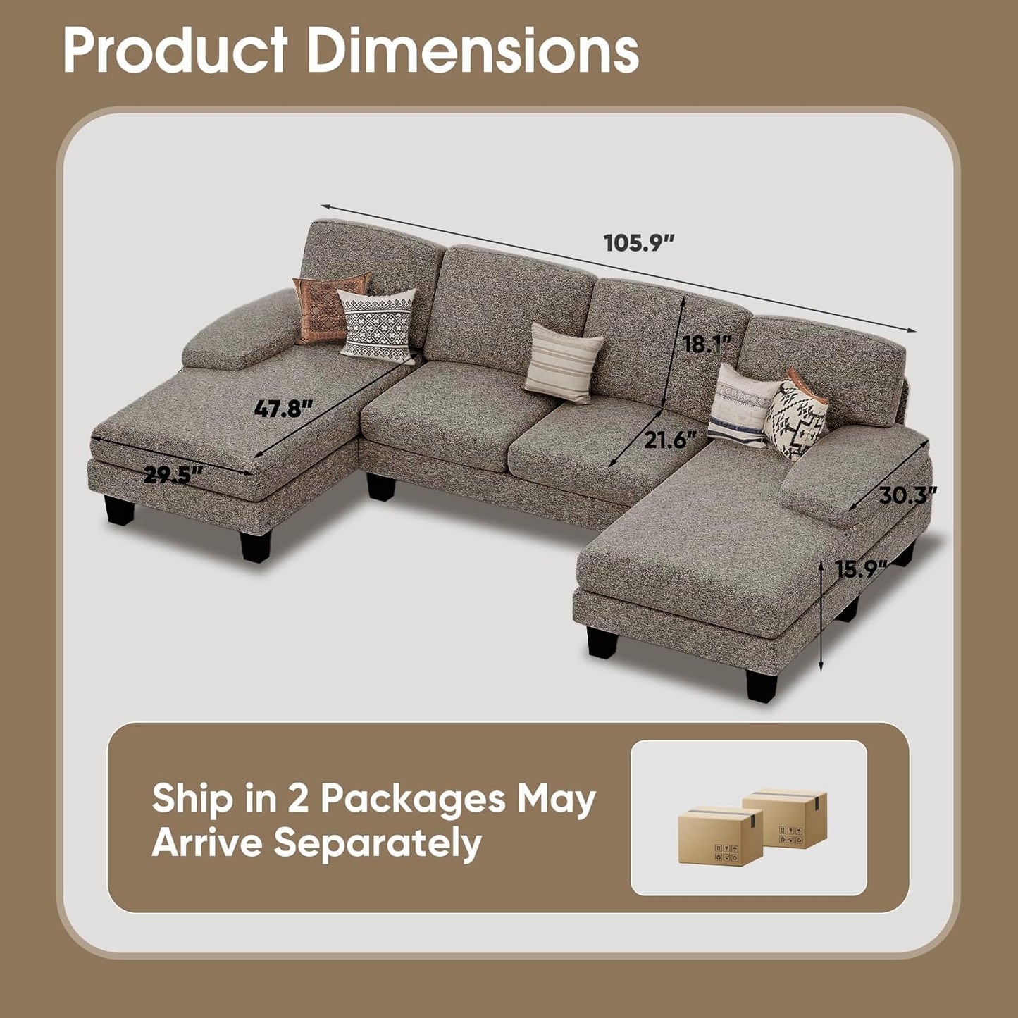 Furmax Sectional Couches for Living Room, U-Shaped Sofa Couch with Linen Fabric, 4 Seat Sofa Set with Double Chaise for Apartment (Fabric, Grey)