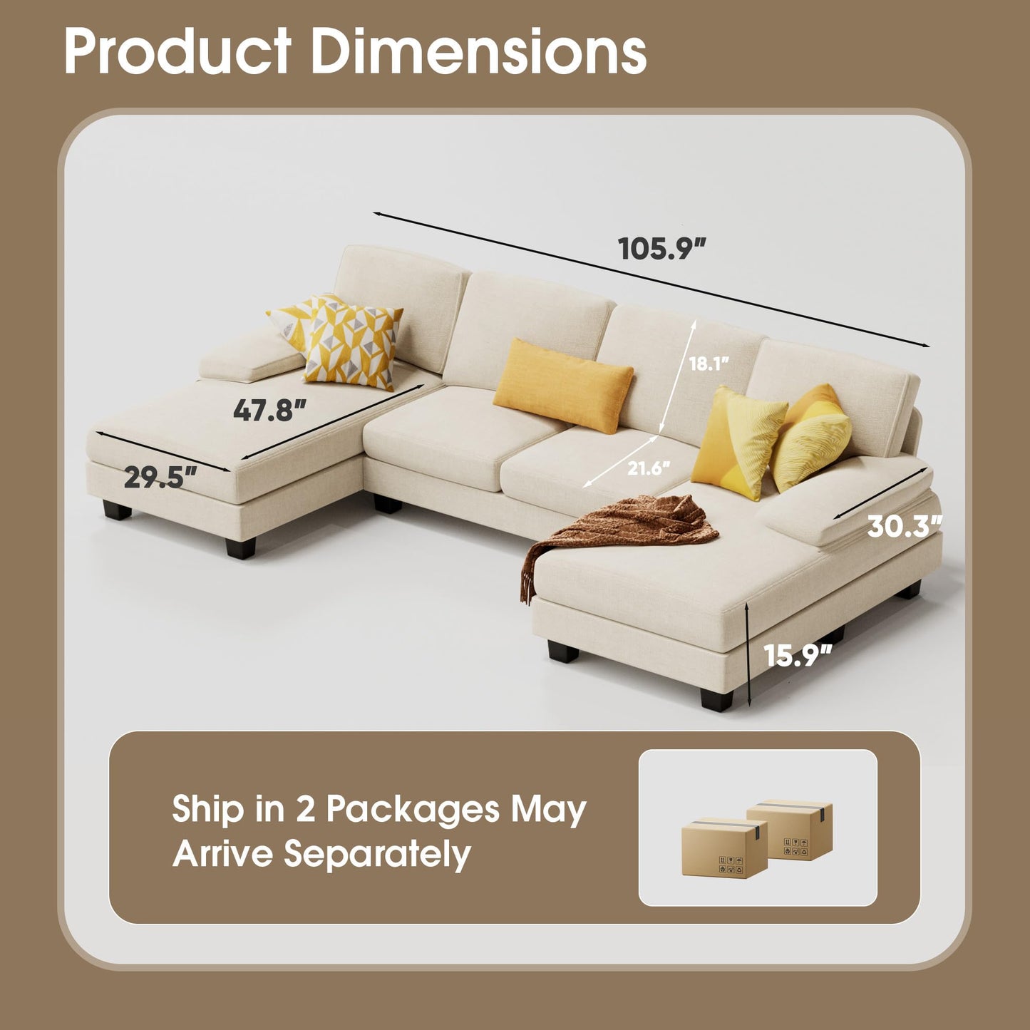 Furmax Sectional Couches for Living Room, U-Shaped Sofa Couch with Linen Fabric, 4 Seat Sofa Set with Double Chaise for Apartment (Fabric, Grey)