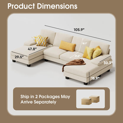 Furmax Sectional Couches for Living Room, U-Shaped Sofa Couch with Linen Fabric, 4 Seat Sofa Set with Double Chaise for Apartment (Fabric, Grey)