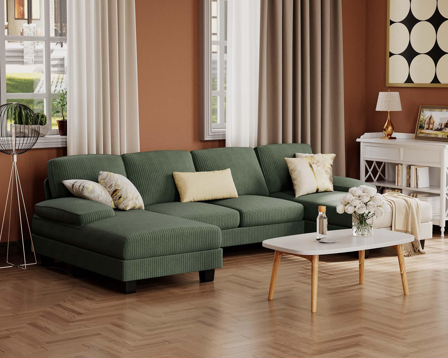 Furmax Sectional Couches for Living Room, U-Shaped Sofa Couch with Linen Fabric, 4 Seat Sofa Set with Double Chaise for Apartment (Fabric, Grey)