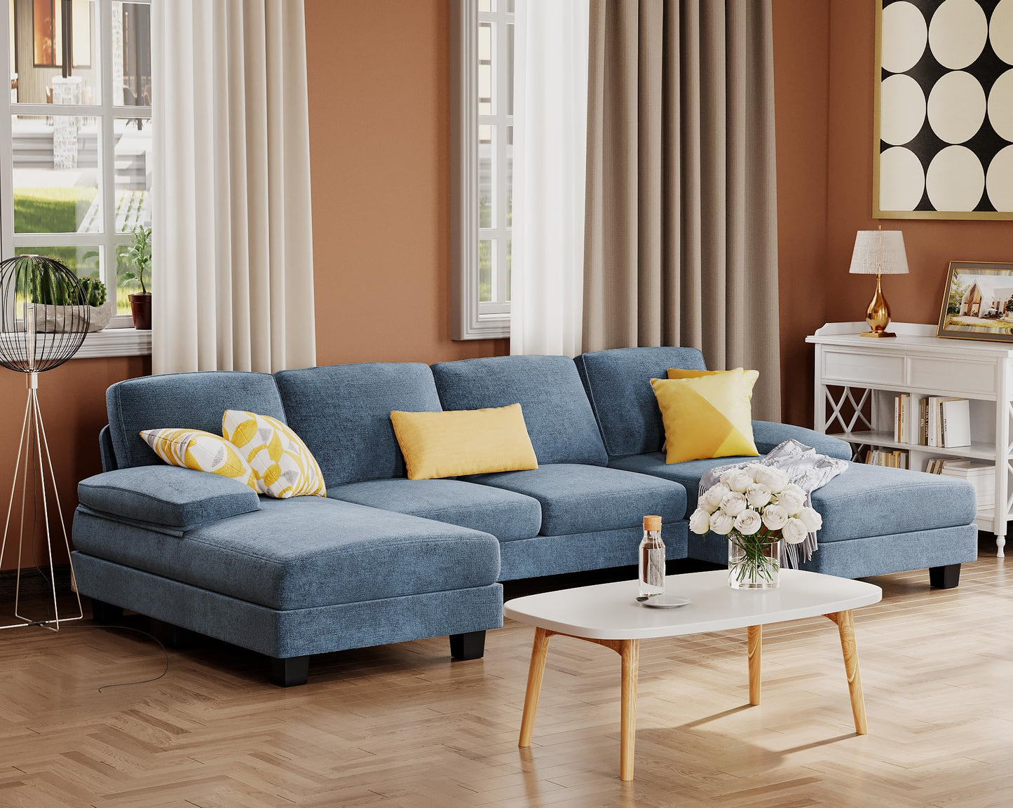 Furmax Sectional Couches for Living Room, U-Shaped Sofa Couch with Linen Fabric, 4 Seat Sofa Set with Double Chaise for Apartment (Fabric, Grey)