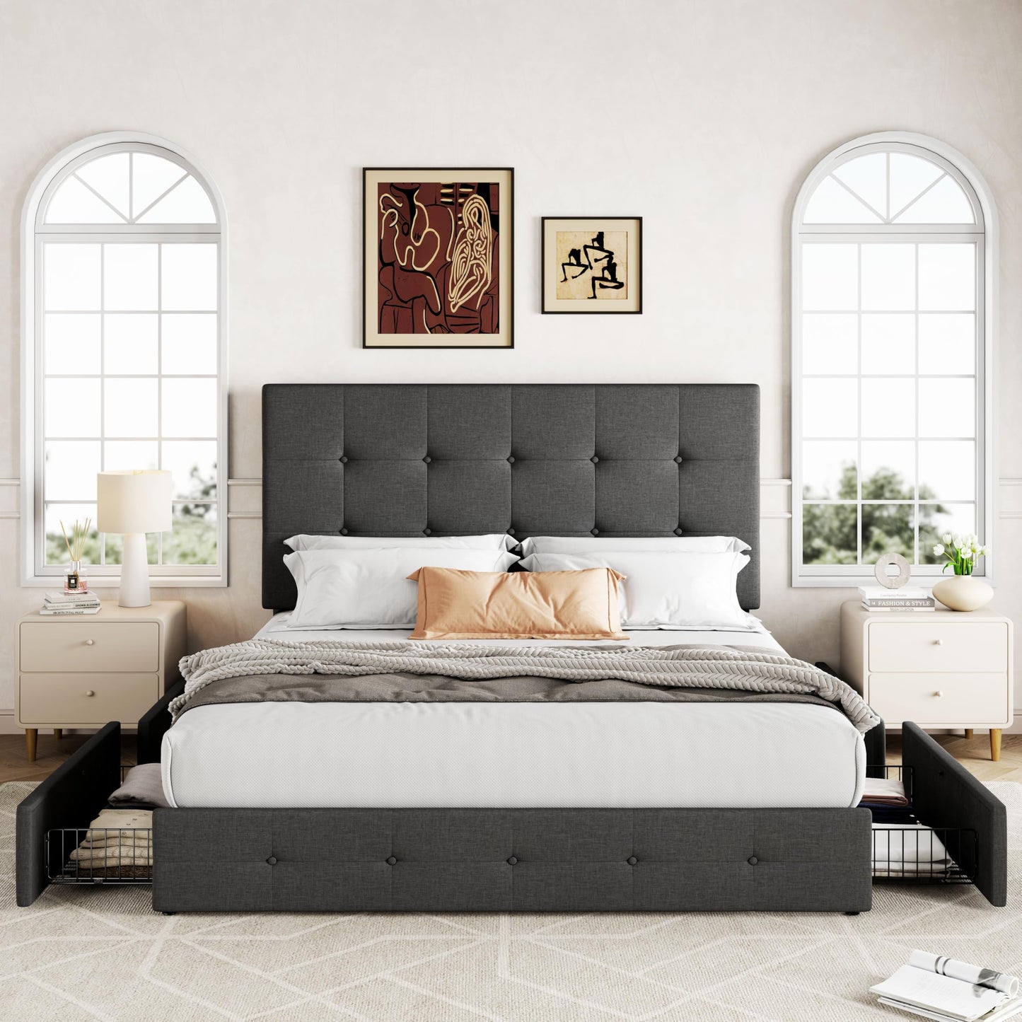 Allewie Upholstered Queen Size Platform Bed Frame with 4 Storage Drawers and Headboard, Square Stitched Button Tufted, Mattress Foundation with Wooden Slats Support, No Box Spring Needed, Light Grey