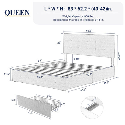 Allewie Upholstered Queen Size Platform Bed Frame with 4 Storage Drawers and Headboard, Square Stitched Button Tufted, Mattress Foundation with Wooden Slats Support, No Box Spring Needed, Light Grey