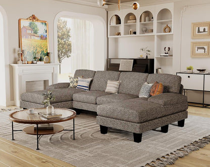 Furmax Sectional Couches for Living Room, U-Shaped Sofa Couch with Linen Fabric, 4 Seat Sofa Set with Double Chaise for Apartment (Fabric, Grey)