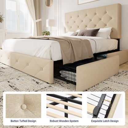Allewie Upholstered Queen Size Platform Bed Frame with 4 Storage Drawers and Headboard, Square Stitched Button Tufted, Mattress Foundation with Wooden Slats Support, No Box Spring Needed, Light Grey