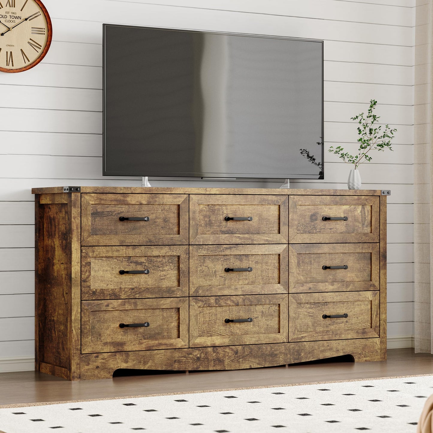 BORNOON 9-Drawer Dresser for Bedroom, Modern Wooden Chest of Drawers with Metal Handles, Anti-Tipping Design, Sturdy and Stable Storage Organizer for Living Room, Entryway, Home Office