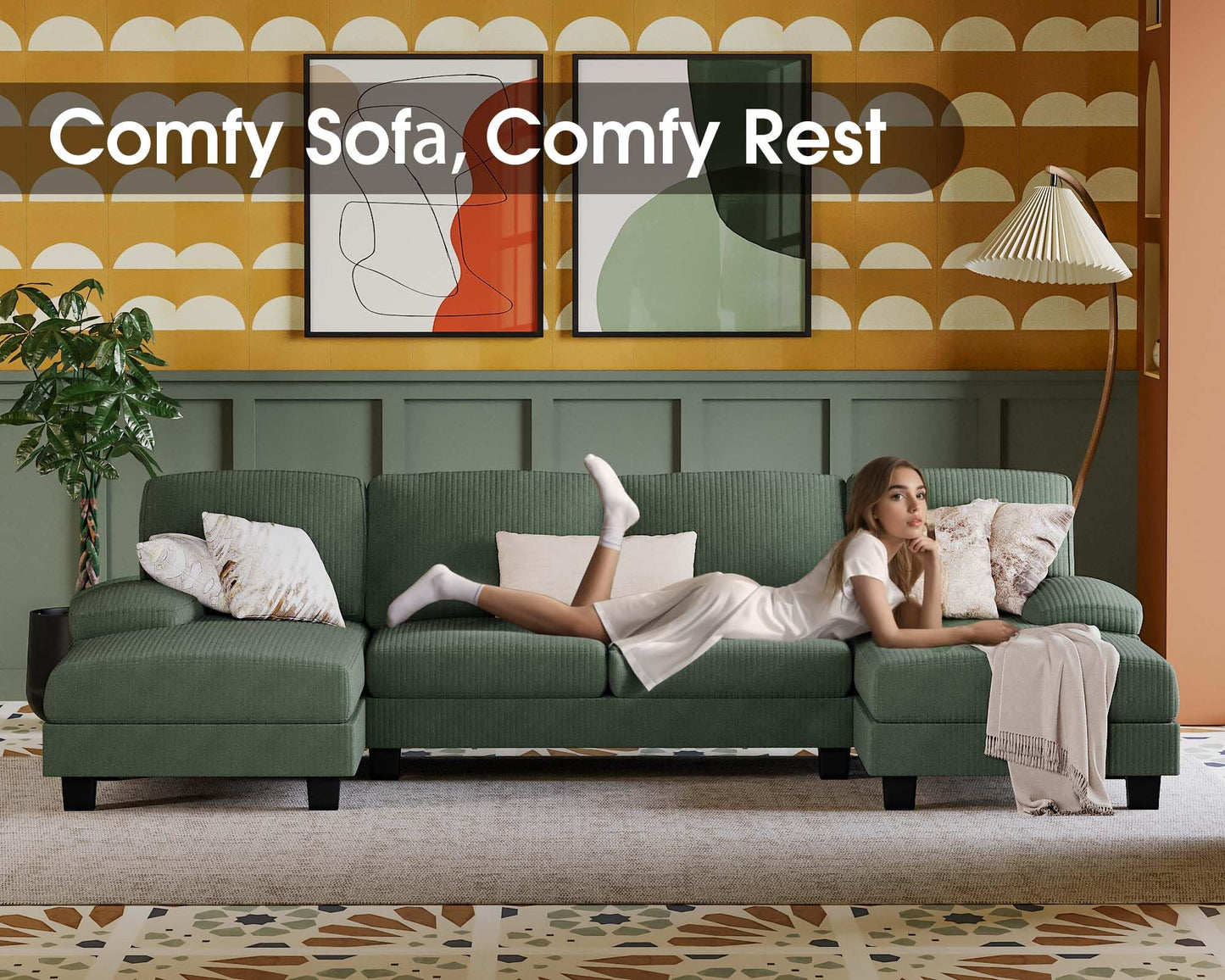 Furmax Sectional Couches for Living Room, U-Shaped Sofa Couch with Linen Fabric, 4 Seat Sofa Set with Double Chaise for Apartment (Fabric, Grey)
