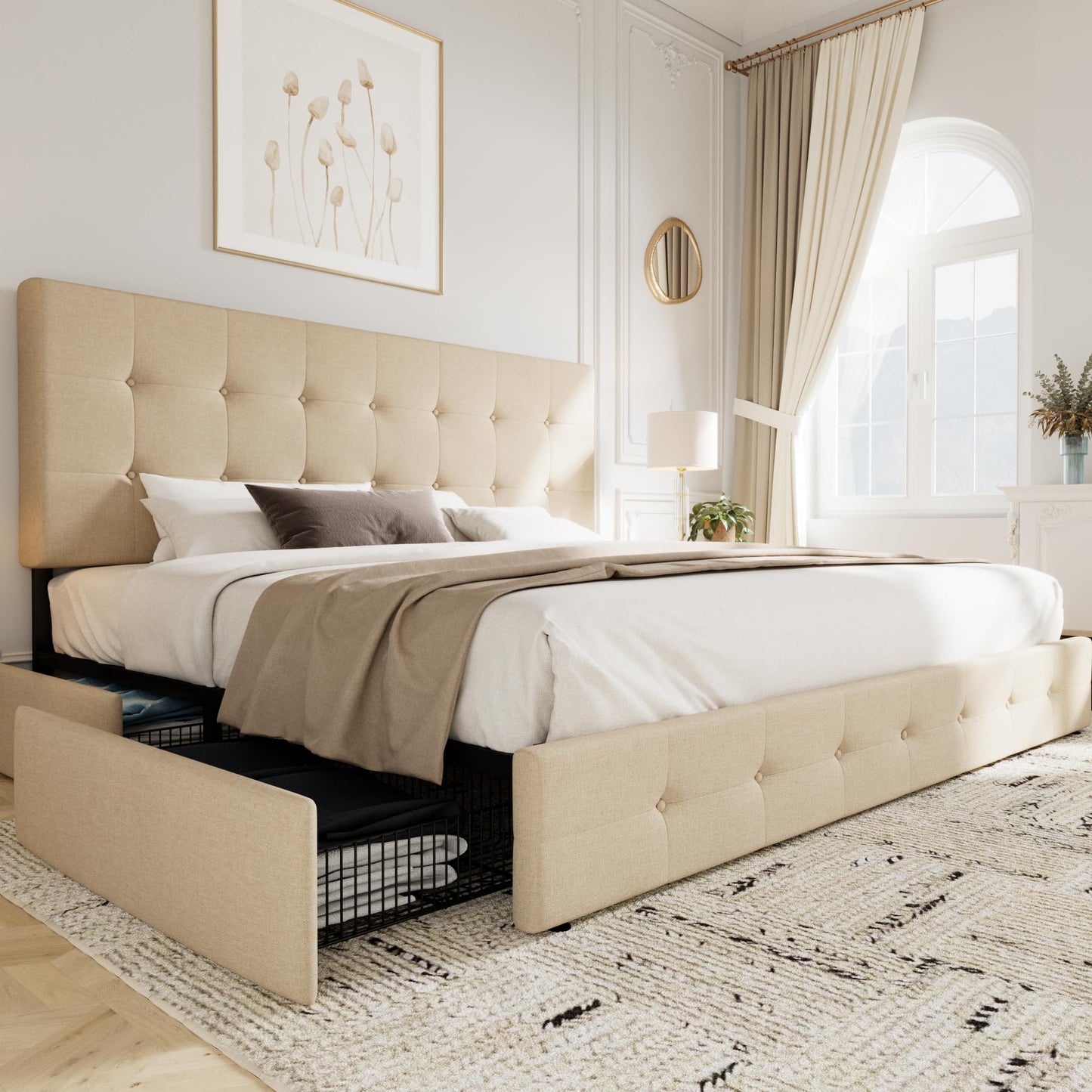 Allewie Upholstered Queen Size Platform Bed Frame with 4 Storage Drawers and Headboard, Square Stitched Button Tufted, Mattress Foundation with Wooden Slats Support, No Box Spring Needed, Light Grey