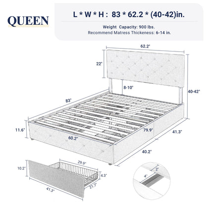 Allewie Upholstered Queen Size Platform Bed Frame with 4 Storage Drawers and Headboard, Square Stitched Button Tufted, Mattress Foundation with Wooden Slats Support, No Box Spring Needed, Light Grey