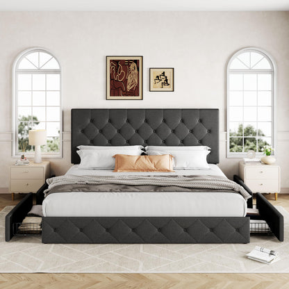 Allewie Upholstered Queen Size Platform Bed Frame with 4 Storage Drawers and Headboard, Square Stitched Button Tufted, Mattress Foundation with Wooden Slats Support, No Box Spring Needed, Light Grey