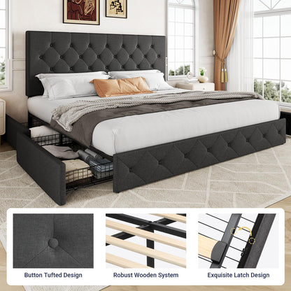 Allewie Upholstered Queen Size Platform Bed Frame with 4 Storage Drawers and Headboard, Square Stitched Button Tufted, Mattress Foundation with Wooden Slats Support, No Box Spring Needed, Light Grey