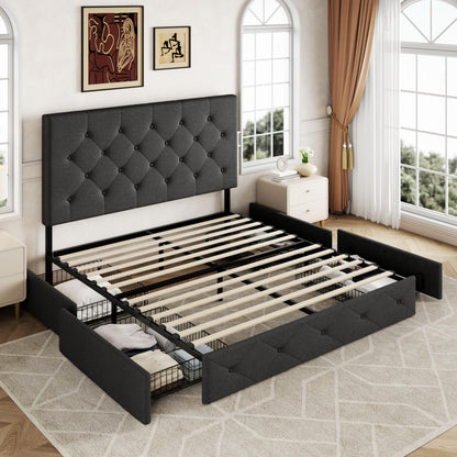 Allewie Upholstered Queen Size Platform Bed Frame with 4 Storage Drawers and Headboard, Square Stitched Button Tufted, Mattress Foundation with Wooden Slats Support, No Box Spring Needed, Light Grey