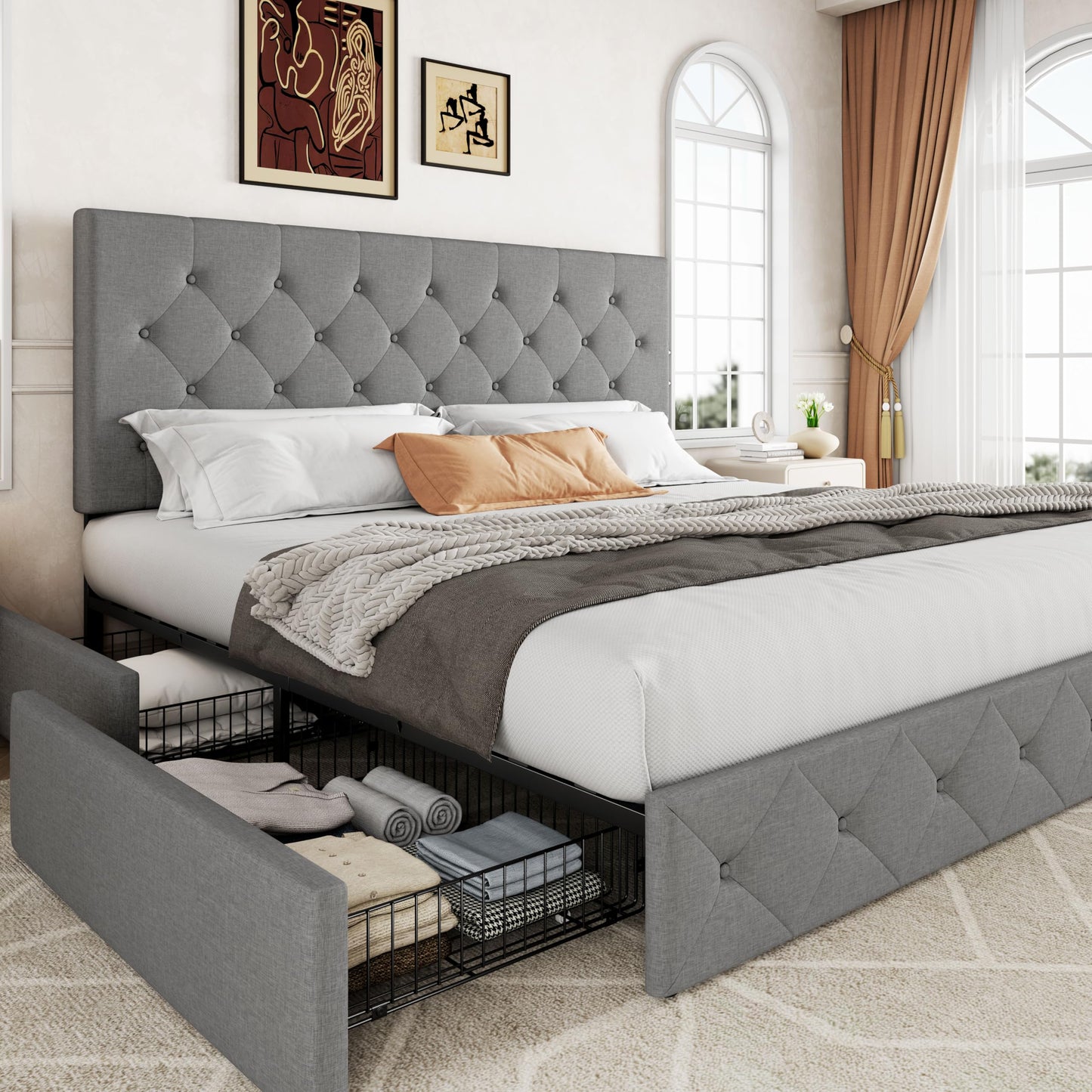 Allewie Upholstered Queen Size Platform Bed Frame with 4 Storage Drawers and Headboard, Square Stitched Button Tufted, Mattress Foundation with Wooden Slats Support, No Box Spring Needed, Light Grey