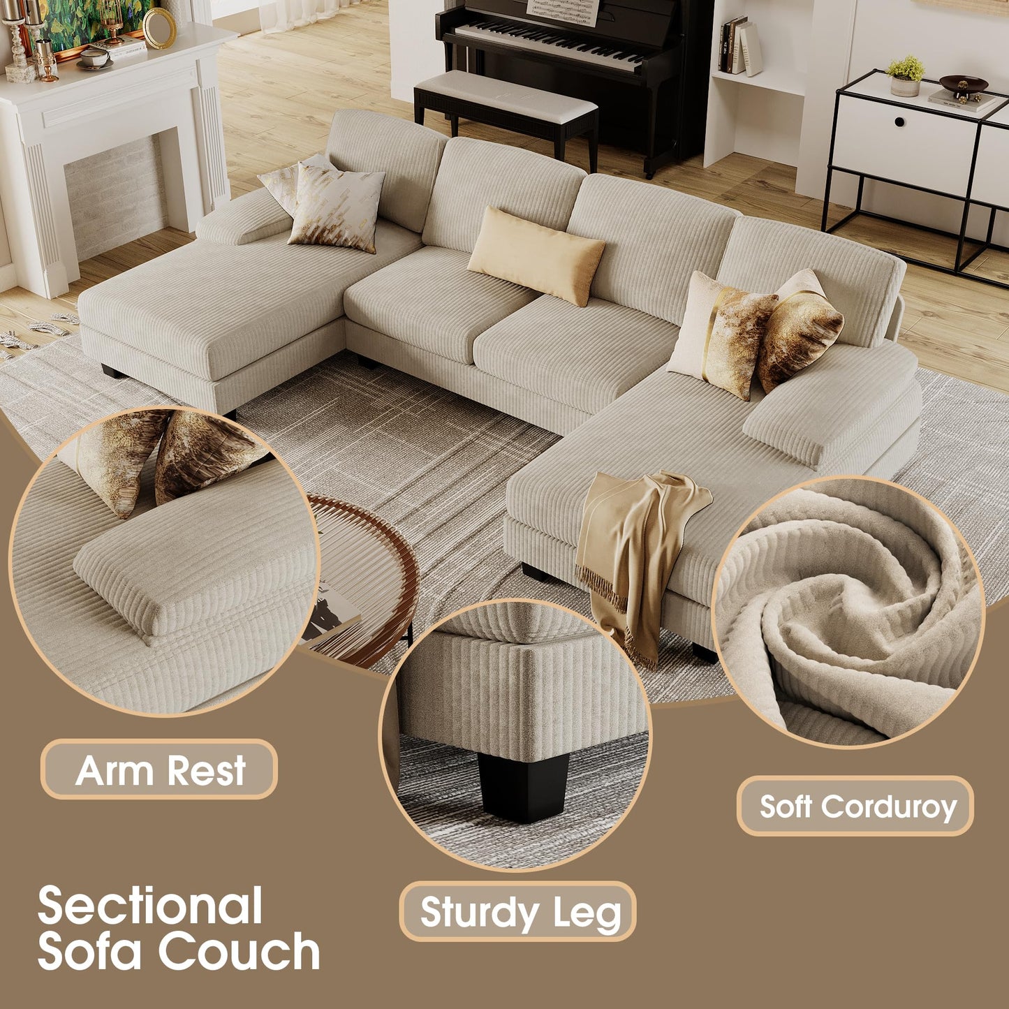 Furmax Sectional Couches for Living Room, U-Shaped Sofa Couch with Linen Fabric, 4 Seat Sofa Set with Double Chaise for Apartment (Fabric, Grey)