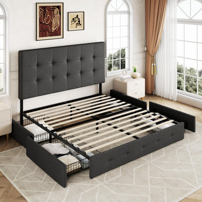 Allewie Upholstered Queen Size Platform Bed Frame with 4 Storage Drawers and Headboard, Square Stitched Button Tufted, Mattress Foundation with Wooden Slats Support, No Box Spring Needed, Light Grey